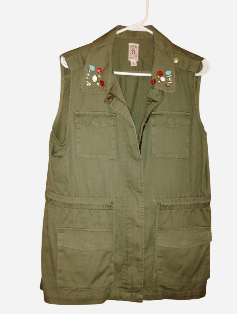 Decree Olive Green Embellished Collar Utility Military Cargo Vest (Size XL)